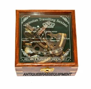 5" Nautical Brass Antique Finish German Astrolabe Marine Sextant W/Wooden Box - Picture 1 of 5