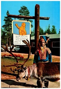 Rovaniemi, Finland Artic Circle Sign, Person with Caribou Postcard - Picture 1 of 2