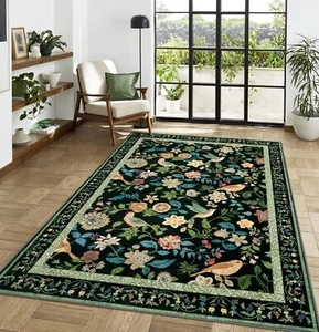 New-Floral Washable 5x7 Area Rug, Boho Birds Black/Green Rugs for Living Room So - Picture 1 of 6