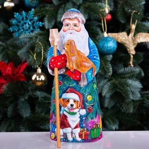 Statuina Babbo Natale in legno intagliato a mano con cane 9", decorazione casa natalizia - Foto 1 di 13
