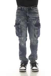 MED WASH CARGO Mens Ripped Skinny Jeans Premium Stretch Denim Jeans | IM - Picture 1 of 4