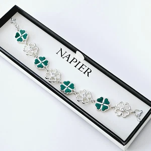 NAPIER 4 Leaf Clover Green & Silver Linked Charms Bracelet Luck Lucky Irish NIB - Picture 1 of 5