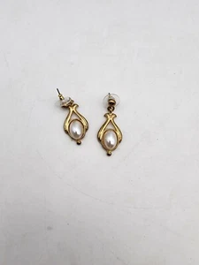 VTG Gold Tone Dangle Earrings With White Stones Unmarked Heavy - Picture 1 of 4