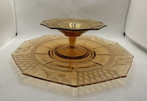 Vintage Cambridge Glass Etched Amber #868 Decagon Cheese & Cracker Set - Picture 1 of 7