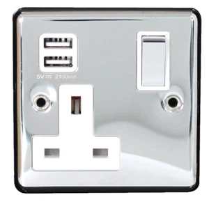 Schaltsteckdose 1 Gang SP 13A & 2 x 3,1A USB Ladegeräte schraubenlos poliert chrom - Bild 1 von 1