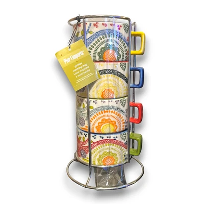 Pier 1进口手绘佩斯利堆叠咖啡杯套装4带金属支架 — 第 1/4 张图片