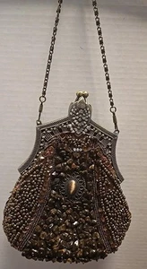 Satin Evening bag with Tiger Eye stones copper beads - Picture 1 of 9