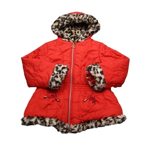 Pistachio Jacket Girls L 6X Red Faux Fur Hooded Full Zip Long Sleeve Pockets - Picture 1 of 19