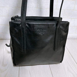 Authentic PRADA All Leather Shoulder Bag Tote Bag Black Medium Women Japan Used - Picture 1 of 24