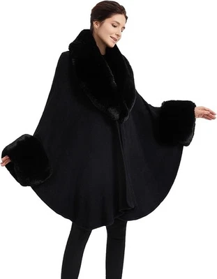 Mujeres Capa Poncho con Borde de Piel Invierno Imitación Piel Chal Abrigo Abrigo Sin Mangas NEGRO Foto 1 de 4