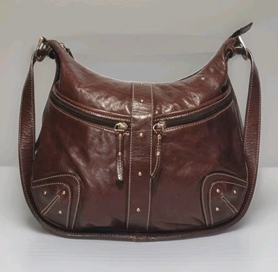 Винтажная наплечная сумка из натуральной кожи с заклепками атласная подкладка Y2K редкая  - Изображение 1 из 4