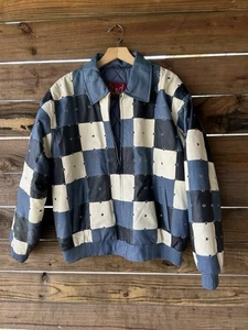 VINTAGE 90S BOHO PATCHWORK STUDDED GROMMET ITALIAN LEATHER BOMBER DENIM MEN’S - Picture 1 of 5