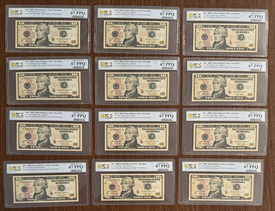 12 PCS $10 2009 FEDERAL RESERVE NOTES CLEVELAND PCGS 67PPQ SOME CONSECUTIVE S/Ns - Image 1 of 2