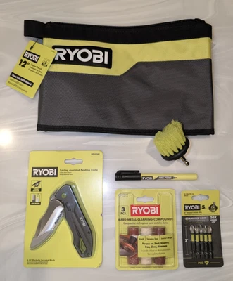 RYOBI BUNDLE - 12" Zipper Pouch, Spring Assist Folding Knife, Driver Bits & MORE - Image 1 of 4