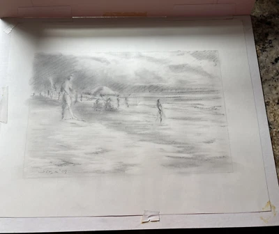 Sombrillas de agua de 10" x 12 1/2" firmadas y fechadas a lápiz grafito escena playa Foto 1 de 4