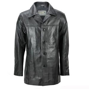 Mens Real Leather Mid 3/4 Length Vintage Smart Casual Button Black Reefer Jacket