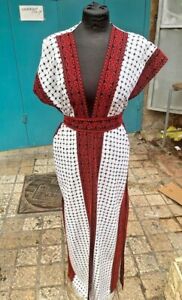 Handmade Sleeveless Opened Abaya With Belt Palestinian Embroidered White Red