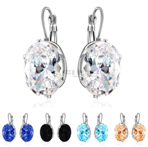 Sterling Silver Plated Big Large Round Oval Crystal Leverback Stud Drop Earrings - Picture 1 of 36