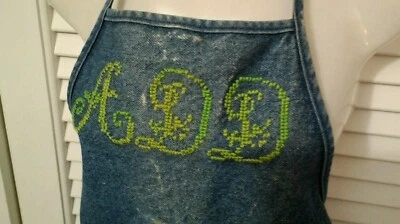 Original Denim Apron Vtg 1950s Handmade Work Wear Cross Stich Monogram ADD USA  - Image 1 of 4