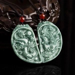 2PC Certified Natural Green Burma Jade jadeite Dragon Phoenix Pendant Necklace - Picture 1 of 7