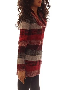 Womens LS Sweater Red Gray Long Cowl Neck Black White Striped Plus Size 1X NEW - Picture 1 of 2