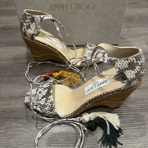 Jimmy Choo Deva 85 Roccia Damen-Keilsandale Schlangenleder Wickeloptik Quaste 10 - Bild 1 von 10