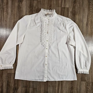 Vintage Damen Weiß Spitze Top Langarm Knopfleiste - Bild 1 von 7
