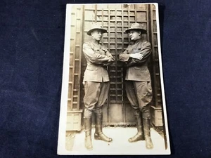 T3-6 VINTAGE MILITARY POST CARD - PAIR OF MEN IN UNIFORM - Picture 1 of 3