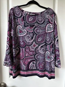 Charter Club Shirt Womens XL Pink Paisley Round Neck Bell Sleeve Stretch Yacht - Picture 1 of 7
