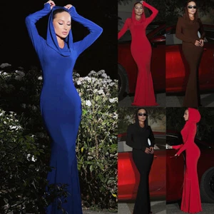 Womens Stretch Bodycon Maxi Dress Hooded Long Sleeve Slim Cocktail Party Dresses - Picture 1 of 30