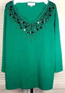Victor Costa V-Neck 3/4 Sleeve Top Black Sequins, Beads & Paillettes Large Green - Picture 1 of 4