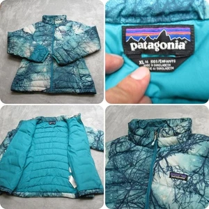 Patagonia Down Sweater Down Jacket Girls XL 14 Teal Tree Print Puffer Warm READ - Picture 1 of 18