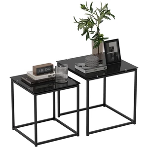 Nesting Side Tables Set Of 2 With Tempered Glass Top & Steel Frame – Black - Picture 1 of 9
