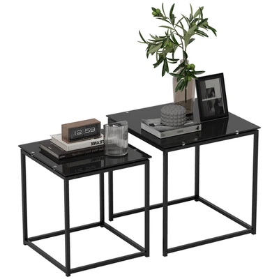 Nesting Side Tables Set Of 2 With Tempered Glass Top & Steel Frame – Black - Image 1 of 4