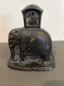 ANTIQUE ELEPHANT CAST IRON DOORSTOP Basket Rider Rare  - Picture 1 of 13