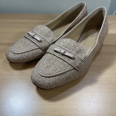 Talbots Jane Bow Tan Loafers Ribbon Tweed Gold Accents In Fabric Sz 7.5 - Image 1 of 4