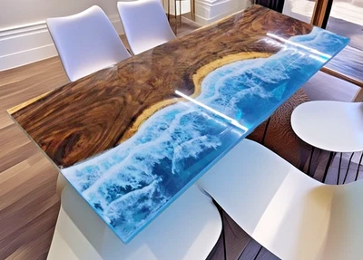 Mesa de resina epoxi azul nogal y océano Live Edge - Mesa de río moderna de lujo Foto 1 de 4