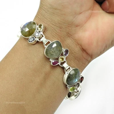 Amethyst Gemstone Sterling Silver Chain Handmade Christmas Gift Bracelet Jewelry - Image 1 of 4
