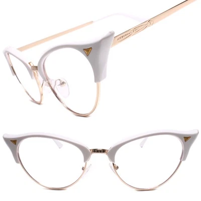 优雅复古猫眼风格透明镜片眼镜金色和白色镜框 — 第 1/4 张图片