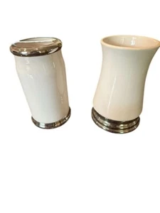 Vintage-Inspired White Ceramic Toothbrush & Tumbler Holder Set w/Silver Accents - Picture 1 of 5