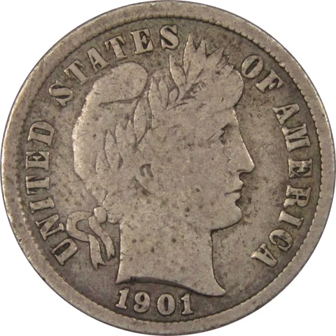 1901 S Barber Dime F Fine 90% Silver 10c US Type Coin SKU:IPC7142 Cover