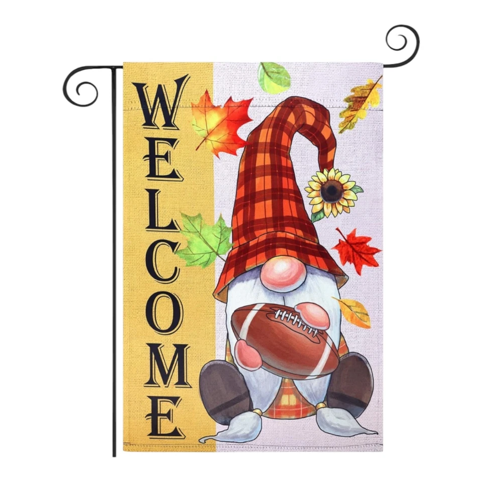 Bandera de jardín "Bienvenido" otoño 12x16 con gnomo sosteniendo fútbol nuevo Foto 1 de 1