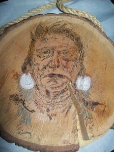Targa da parete vintage in legno bruciato faccia testa di indiano nativi americani  - Foto 1 di 7