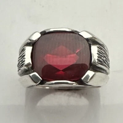 MJG STERLING SILVER MEN'S RING. 12 X 14mm ANTIQUE CUSHION LAB RUBY. BUFF TOP. - Image 1 of 4