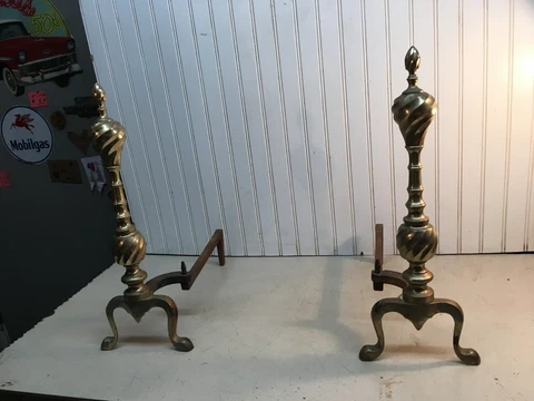 Vintage Cast Iron/Brass Metal Fireplace Andirons Firedogs 20in tall 17in deep Cover