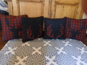 15"x 15" Set of 4 Buffalo Check Plaid Throw Pillows Wool Charcoal Grey & Red - Picture 1 of 9
