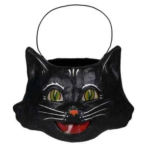 Bethany Lowe Halloween Amusing Black Cat Bucket Paper Mache Candy Holiday NEW - Picture 1 of 5