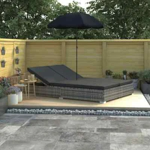 Patio Lounge Bed Outdoor Sun Lounger Chair with Umbrella Poly Rattan vidaXL - Picture 1 of 28