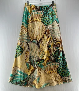 Russell Kemp Skirt Size 8 Silk Satin Printed Crossover A-Line Maxi Gold Green - Picture 1 of 10