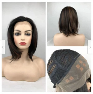 Human Hair Blend Heat OK Lace Front Wig Short Brown Straight Hair Wigs #P2-6 - Picture 1 of 9